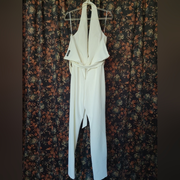 Banjul Jumpsuit, Size L, White Plunging Neckline Halter Jumpsuit, Forever 21 - Picture 3 of 5